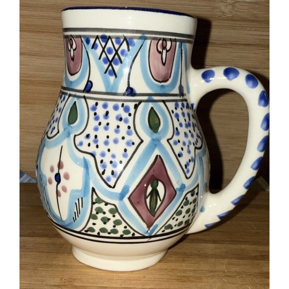 Mediterranean Le Souk Ceramique Hand Painted Floral Pitcher Mug Multicolor 6in